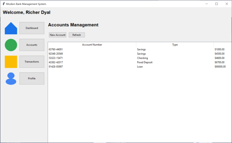 Create different account types (Savings, Checking, Fixed Deposit, Loan)