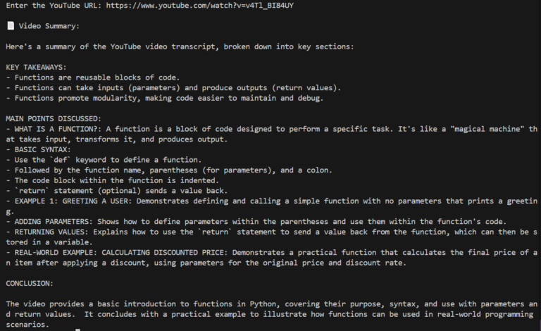 Output Of Youtube Video Summarizer Using Python and Gemini ai